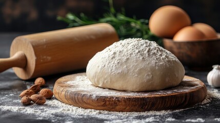 Fototapeta premium A kitchen counter dusted with flour, rolling pin mid-motion, and a half-shaped loaf of bread