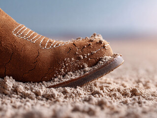 Closeup of a worn leather boot in the sand. Evokes themes of travel, adventure, the West, and resilience. Ideal for lifestyle, fashion, and travel blogs or ads.