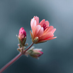 Macro shot of a delicate, peachcolored flower blooming with buds against a muted blue background. Symbolizing growth, beauty, and new beginnings. Ideal for nature themes.