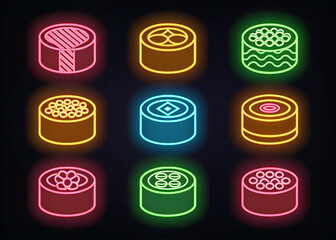 Vibrant neon sushi rolls displayed in a grid against a dark background