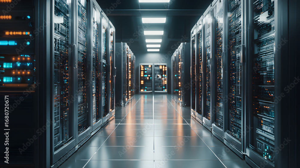 Poster empty modern server room with large servers, wires ad buttons. data storage, coud storage, mining fa