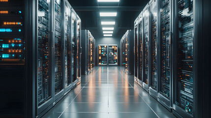 Empty modern server room with large servers, wires ad buttons. Data storage, coud storage, mining farm.