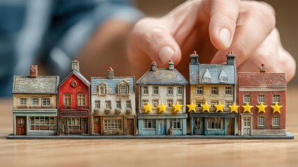 Hand hovering over miniature buildings