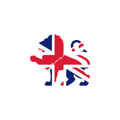 Fototapeta premium Modern minimalist emblem. Flat vector logo of a heraldic lion silhouette, featuring a bold Union Jack flag pattern in red and blue.