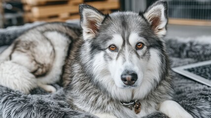 Obraz premium Majestic Alaskan Malamute Dog Relaxing on a Cozy Bed