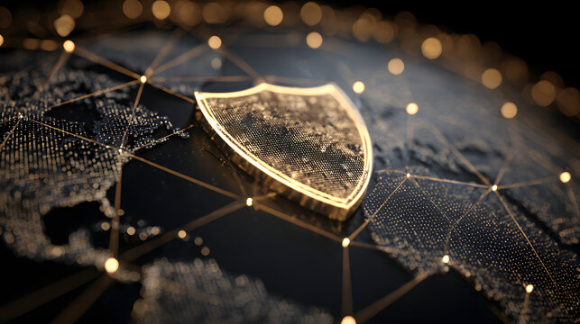 Shield icon on secure global network representing cyer security and informatio protection, advanced techology concept for businessand internet marketing, enuring data safety and digial defense a