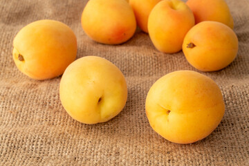 Organic ripe apricots on jute cloth, macro.