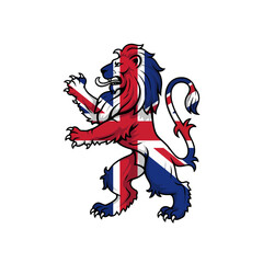 Fototapeta premium Traditional English emblem. Majestic heraldic lion with Union Jack flag integrated. Powerful and authentic 'Made in Britain' label icon for packaging and marketing.