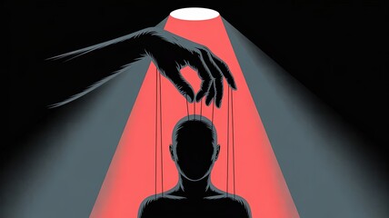 Manipulation and Control: An allegorical illustration depicting a hand manipulating a human figure with strings, illuminated in a spotlight, representing control and influence. 