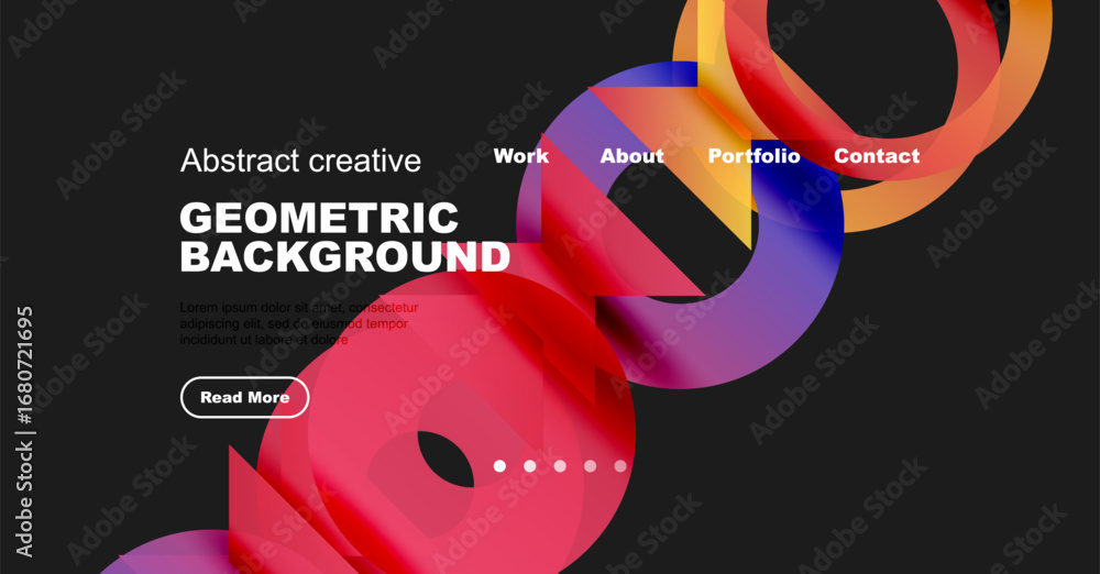 Poster modern website mockup features vibrant abstract shapes, text overlay, navigation menu. dark backgrou
