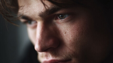 Obraz premium Intimate portrait showcasing a contemplative young man in deep thought. Soft, directional light emphasizes texture and emotion, ideal for themes of introspection and focus.