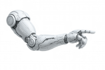 White robotic arm pointing with index finger on transparent background, ideal for futuristic and technological projects