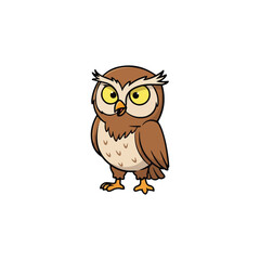 Fototapeta premium A cartoon owl with brown feathers, yellow eyes, and an open beak, standing alert.