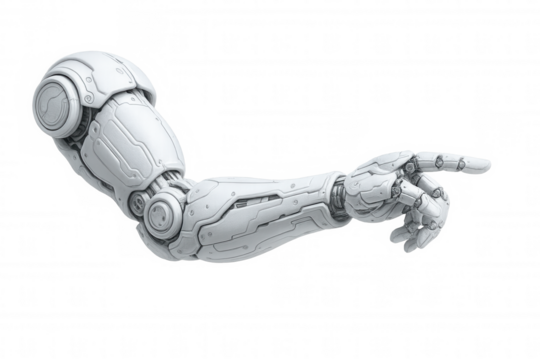 White robotic arm pointing with index finger on transparent background, ideal for futuristic and technological projects