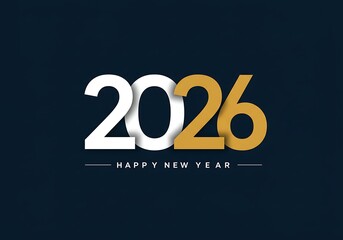 Modern Minimalist 2026 Happy New Year Graphic with Bold Overlapping Typography in White and Gold on Dark Navy Background"