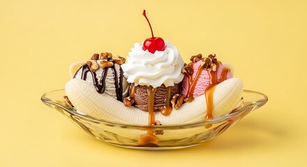 Banana Split Dessert with Whipped Cream and Chocolate Sauce.