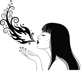 Woman blowing magic, female profile vector, black line art, flowing hair and closed eyes, starry swirl illustration, mystical fantasy artwork