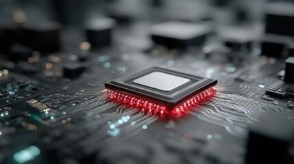 Close-up view of a central processing unit (CPU) on a complex circuit board, showcasing intricate patterns and glowing red connections, highlighting the core component of modern technology.
