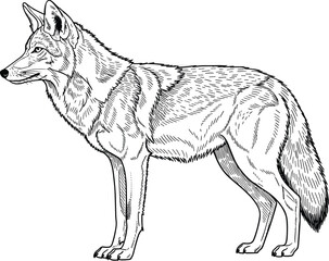 Coyote side view, wild animal vector, black and white illustration, detailed fur line art, North American wildlife sketch, nature drawing