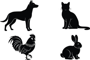 Animal silhouettes, dog, cat, rooster, rabbit, black vector illustration, pets and farm animals, isolated figures, white background,