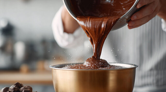 Rich, decadent chocolate batter pours into a golden bowl, creating a luscious culinary experience. Perfect for baking, desserts, and treat themes. - Powered by Adobe