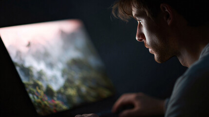 Focused young man works at his laptop in dim light. The screen illuminates his face in concentration. Use for technology, coding, gaming, or latenight work concepts.