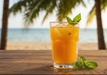 Refreshing Tropical Juice in a Glass on a Wooden Table with Palm Trees and Ocean View