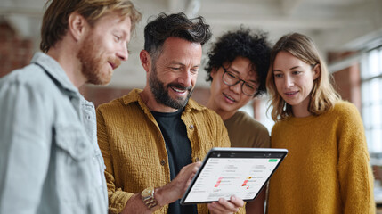 Diverse team collaborates, looking at tablet, sharing ideas. Focus is on innovation, project management, or data analysis. Dynamic workplace scene.