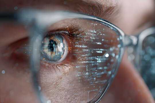 Close-up of Eyes and Glasses with Tech Reflection, Cber Security Concept, AI Gnerative