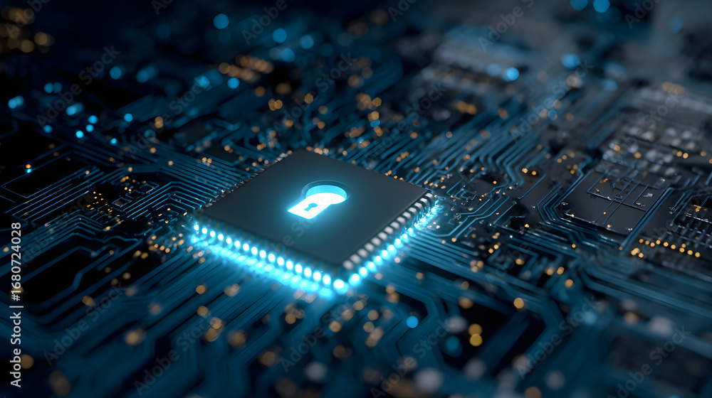 Poster horizontal lock with blue light on an electronic ciruit. cyber security data potection business priv