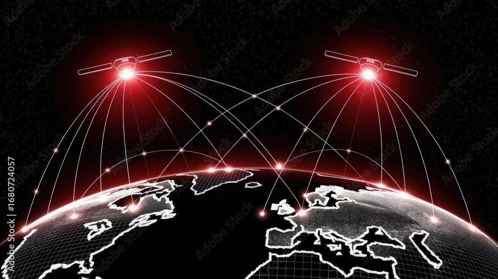 Poster global network: two satellites orbit the planet, connected by intricate lines of data, a symbol of g