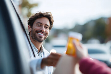 Friendly pharmacist passing prescription medication to a patient in a car. Represents healthcare, convenience, and trust. Ideal for medical  wellness campaigns.