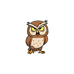 Cartoon illustration of an owl standing with a stern expression, featuring brown and white plumage and bright yellow eyes.