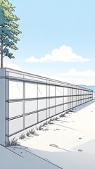 A light-filled outdoor scene, featuring a long expanse of light gray modular wall, set against a pale blue sky dotted with white clouds, and a solitary leafy tree.