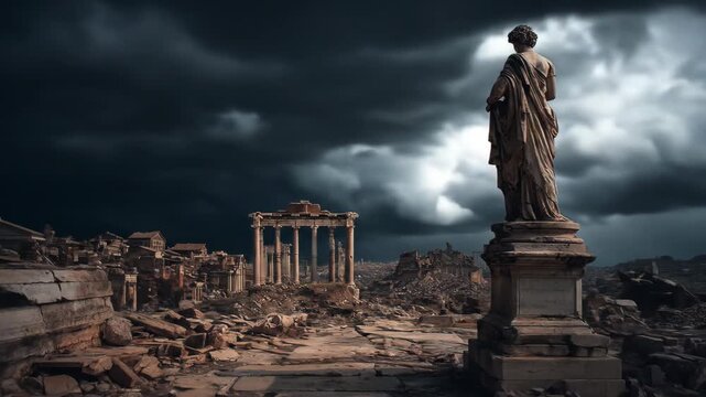 Ancient Roman ruin and statue stands amidst a destroyed city under a dark, stormy sky evoking past civilization collapse footage.