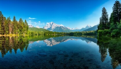 This is a breathtaking symmetrical landscape photograph of a clear mountain lake perfectly reflecting a snow-capped peak and lush pine forests under a bright blue sky.