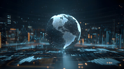 A digital representation of the Earth surrounded by ata visuals and graphs in  futuristic financial settng at night