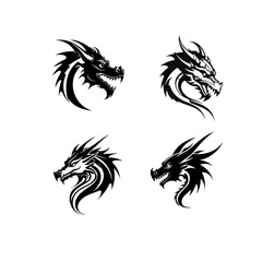 Vector illustration of a fierce dragon head in black and white minimalist style. Perfect for tattoo design, fantasy logo, mascot, emblem, or decorative artwork.