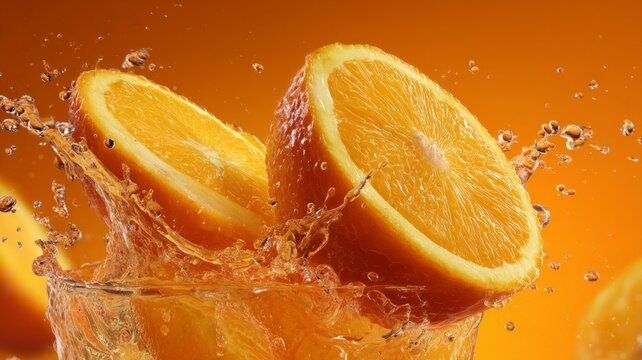 Sliced orange splash on vibrant background. Neural network AI generated