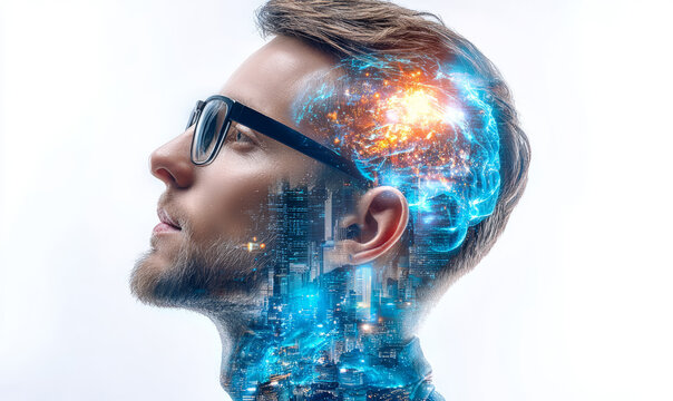 artificial intelligence concept with double exposure on a white background. A man in glasses is thinking about something futuristic and high-tech, glowing brain structure.	
