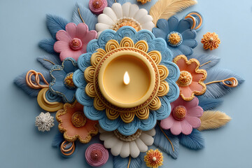 Indian festive floral rangoli design with diya.