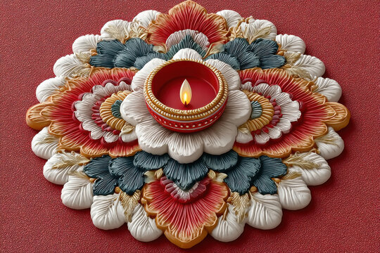 Indian festive floral rangoli design with diya.