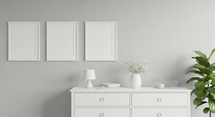 White Pictures on Gray Wall, Minimalist Interior Design.