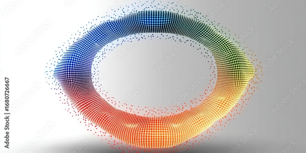 Poster vibrant circular data stream in abstract conceptual design with colorful dots and digital grid
