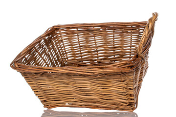 Basket woven from vines, macro, isolated on white background.