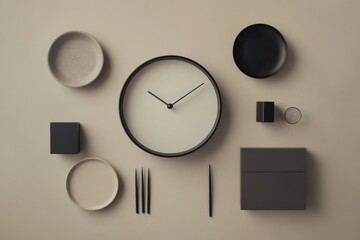Fototapeta premium Modern clock arrangement on neutral wall minimalist design interior decor aesthetic appeal top-down view