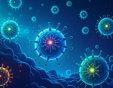 Microscopic view of virus cells with spiky projections in a blue and green gradient background design