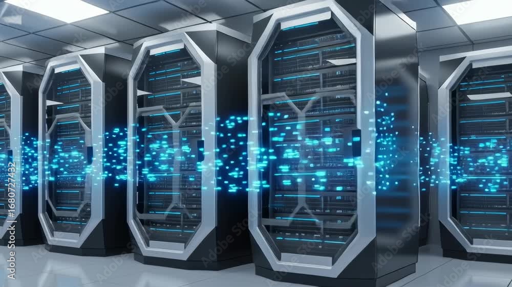 Poster server room with data flow. modern technology and digital information concept. network and computer 