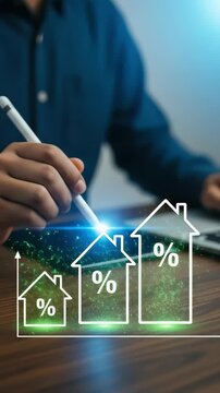 A businessman hand with stylu and digital tablet, glowing house icons, percentage signs, and upward arrows, representing real estate investment, mortgage rate, property market growth, busines fina