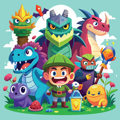 Fantasy Creatures and Brave Boy A Charming Vector Illustration